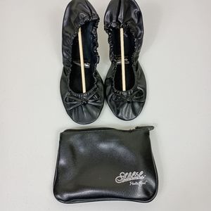 Sidekicks Foldable Ballet Flats Black Large 8.5-9.5 Bows Portable Travel Pouch